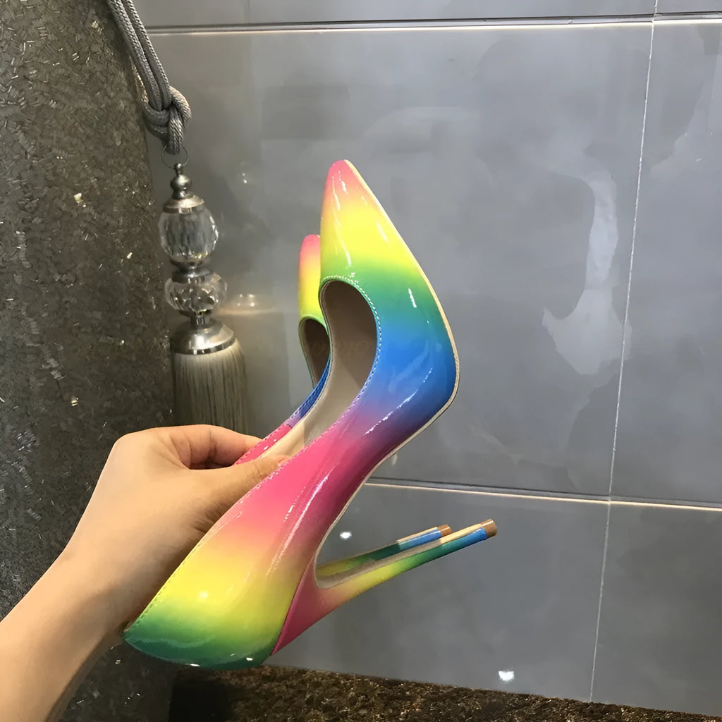 Rainbow patent leather women's stiletto heels with pointed toe and ultra-high thin heel