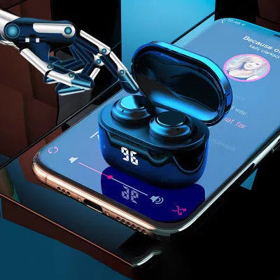 Black stereo Bluetooth earplug headset with NFC and multi-point connection