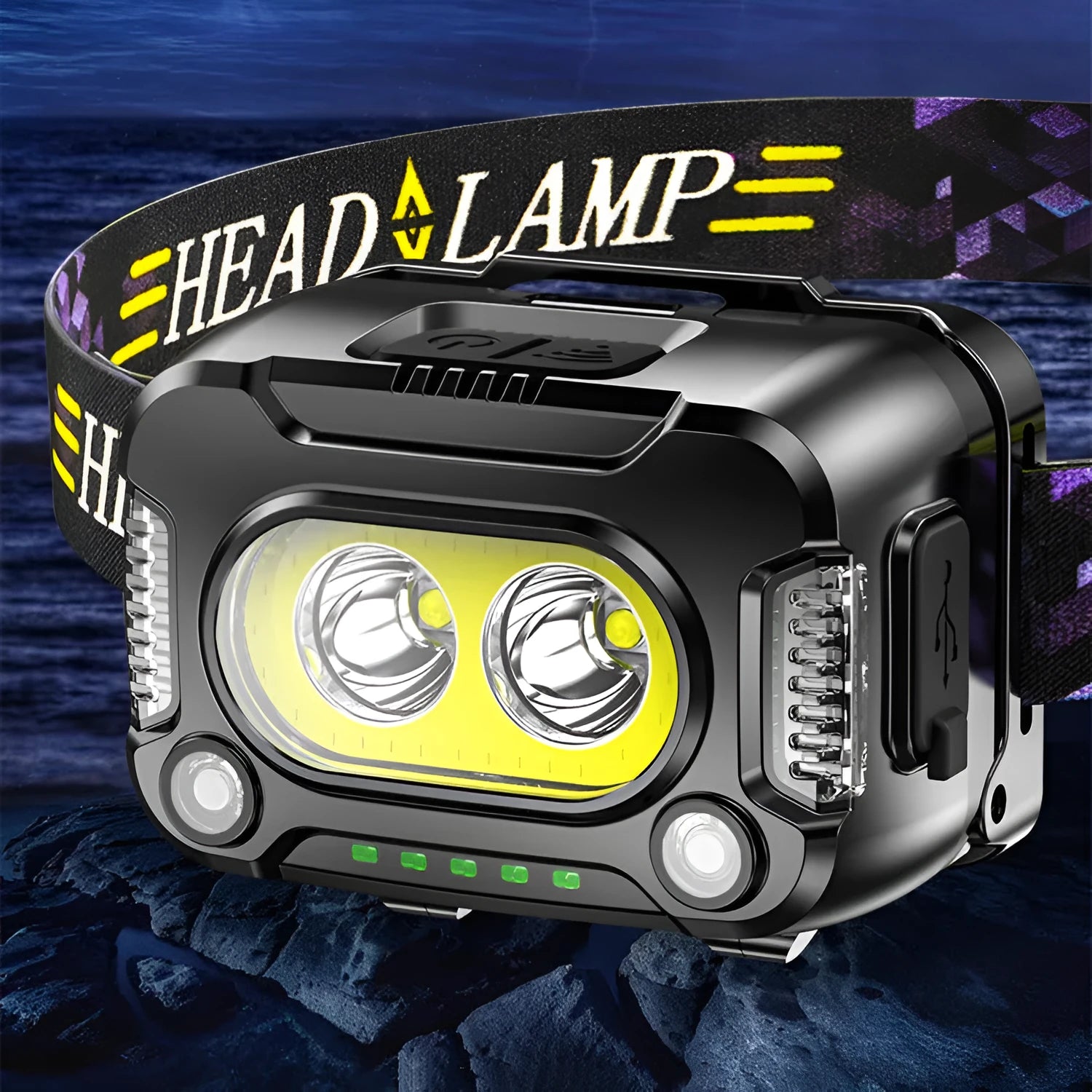black COB rechargeable headlamp with light sensor for night running and fishing