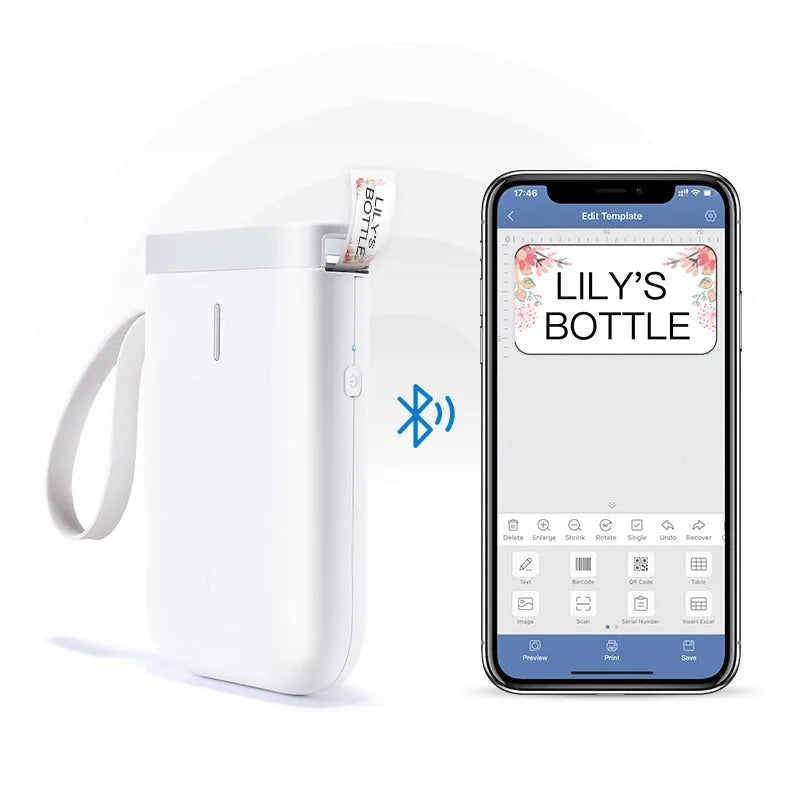 D11 Bluetooth thermal label printer with compact design and thermal paper