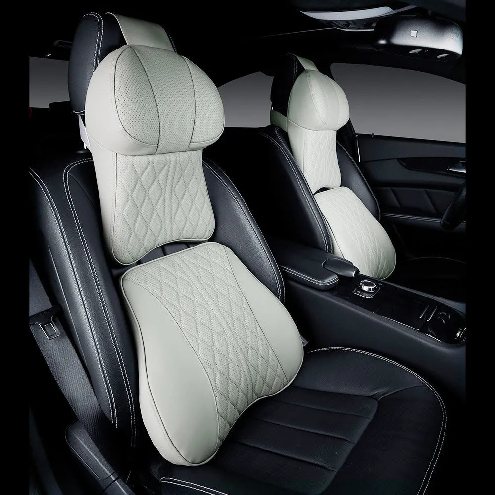 Car neck pillow and lumbar support cushion set with wavy pattern embroidery in beige colour