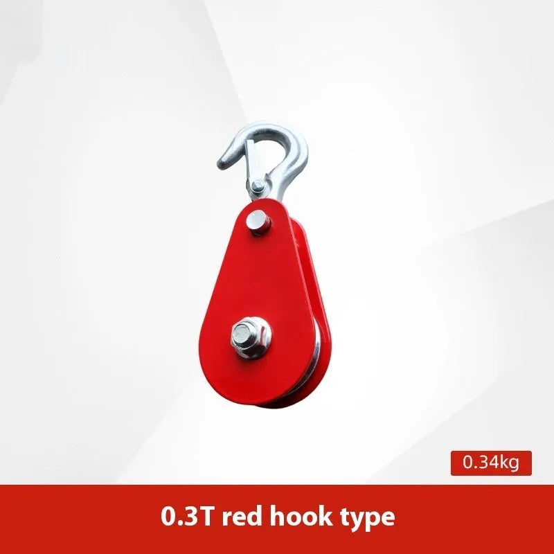 Red industrial lifting pulley with safety latch and forged steel construction