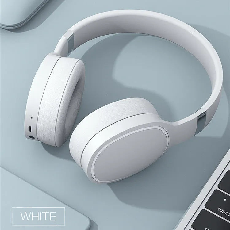 Wireless Bluetooth headset in Black, Blue, Grey, or White colour options showing over-ear design.