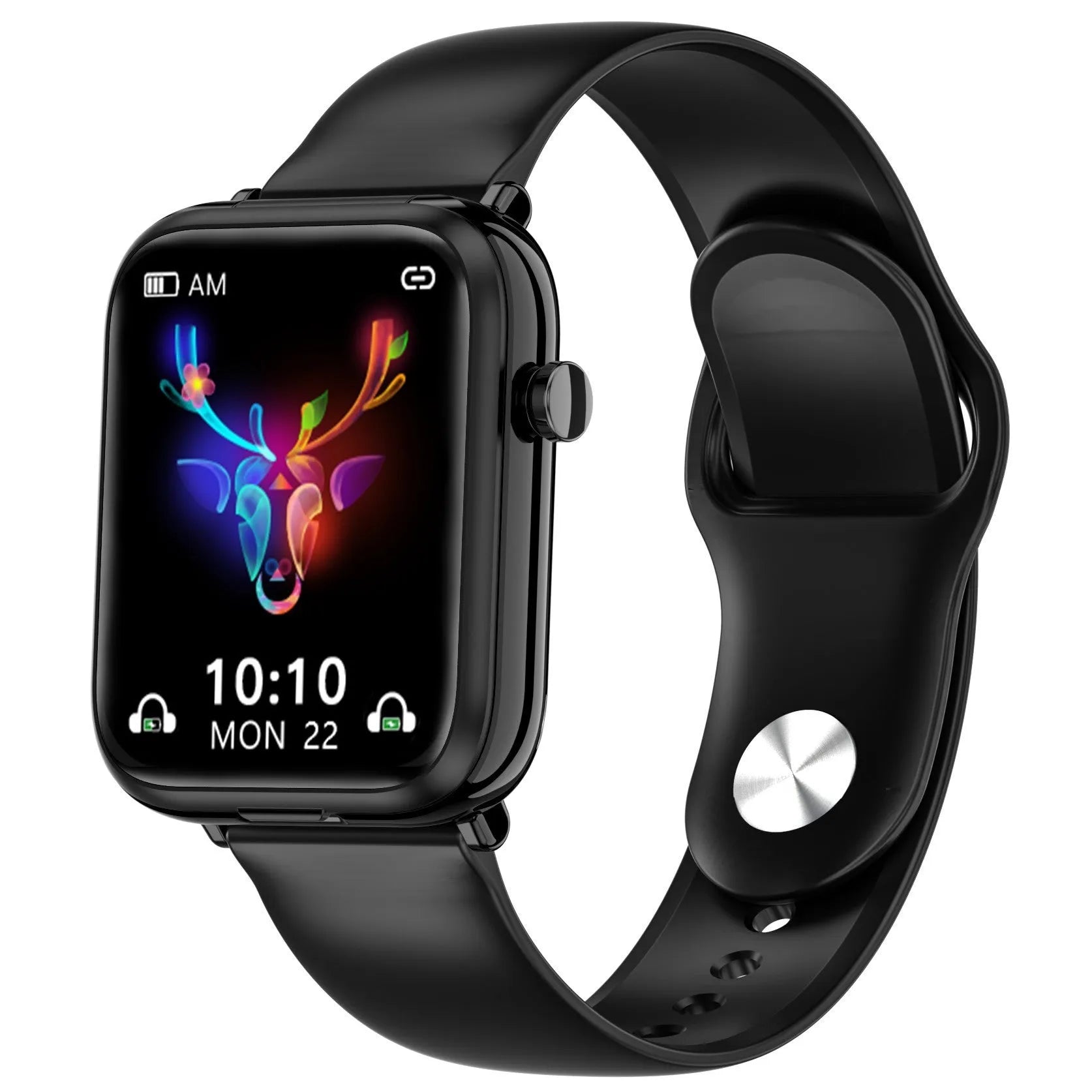 Black zinc alloy smartwatch with 1.69-inch touchscreen and wireless earpieces in charging case.