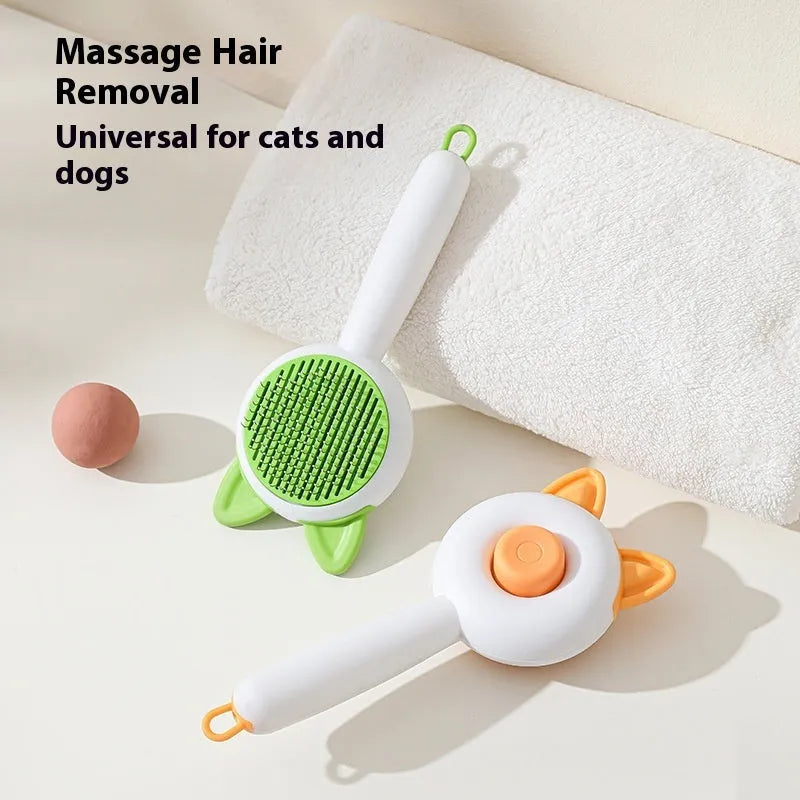 Self-cleaning cat grooming comb in greenish white and orange white colour options