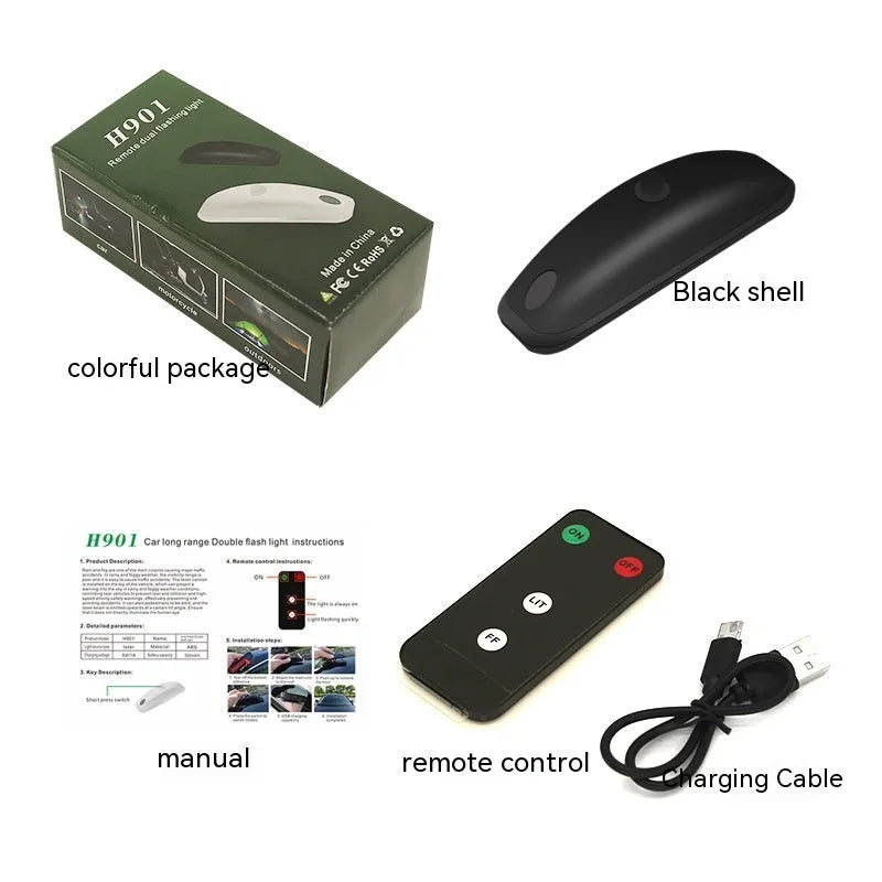 Car anti-collision strobe light with remote control showing white and black options