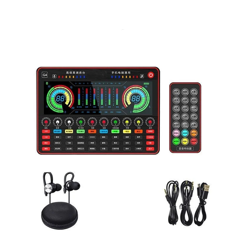 G4 professional live sound card mixer with LCD screen, control knobs, and included microphone on a desk