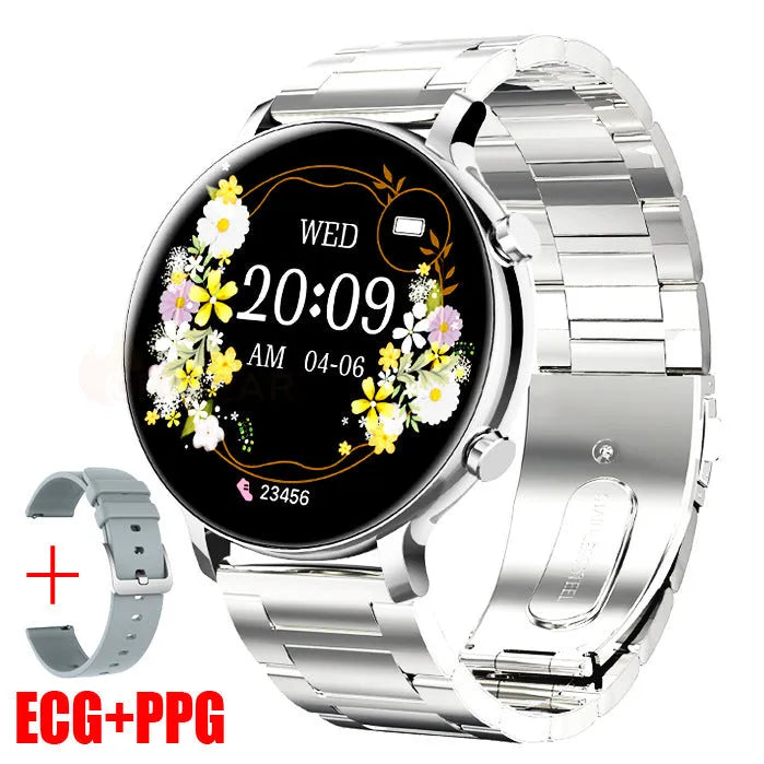Stainless steel Bluetooth calling smartwatch with genuine leather strap showing screen display