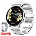 Stainless steel Bluetooth calling smartwatch with genuine leather strap showing screen display