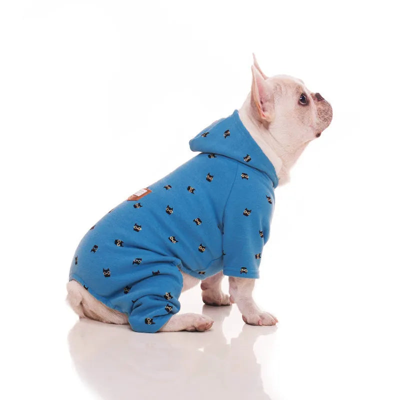 Blue velvet pet hoodie for dogs and cats, four-legged design, size XS to XXXL