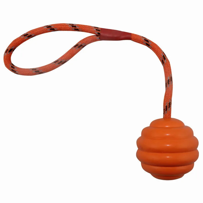 Multi-coloured rubber dog chew ball with rope knots measuring 6x30cm