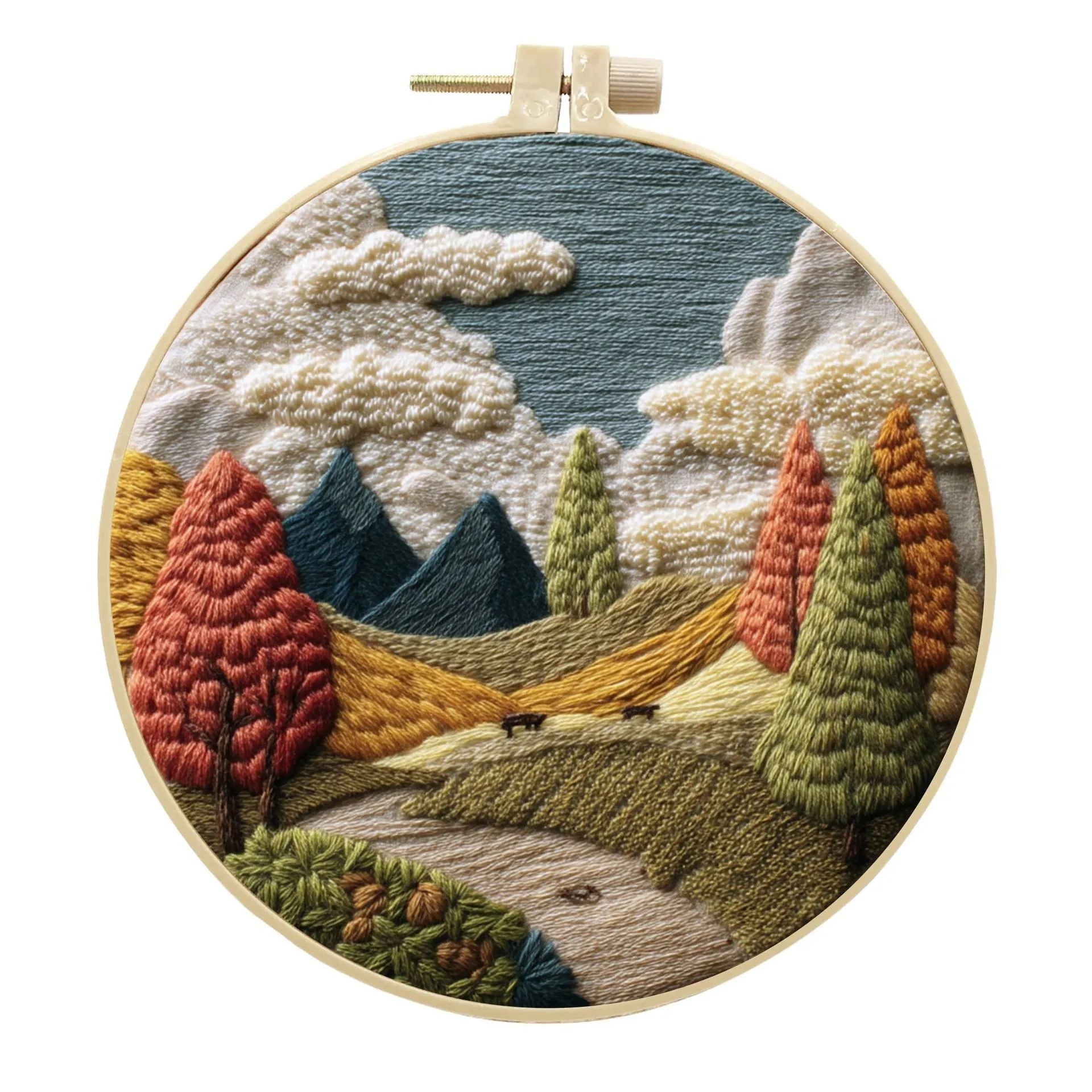 Embroidery DIY kit with landscape-printed cotton fabric, thread, needles, and a 15cm bamboo-style frame.
