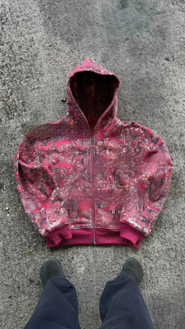 Men's hooded loose zip coat in red or blue polyester fibre with comprehensive size chart