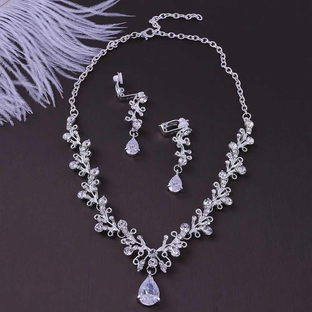 Bridal rhinestone zircon earring and necklace set in alloy, inlaid diamond finish, three colour options silver white gold white black