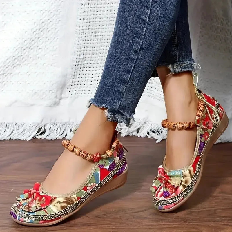 Women's black ethnic style platform sandals with elastic band fastening and cloth upper