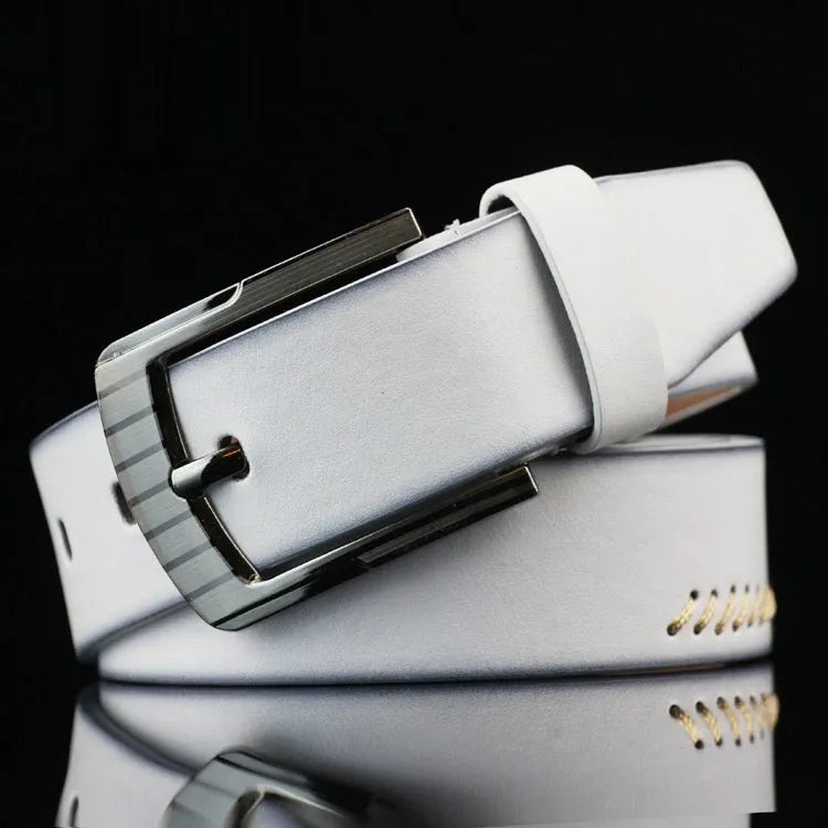 Men's threading casual belt with pin buckle in black, brown or white colours, 110cm length