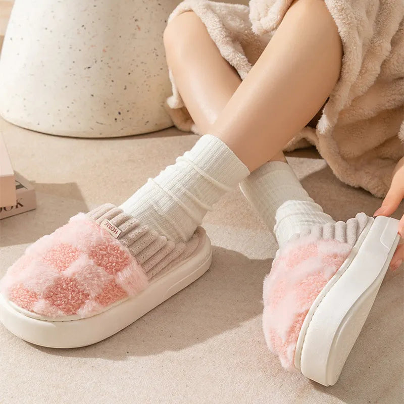 Women's plaid pattern plush indoor slippers with coral velvet upper and anti-slip sole in coffee colour.