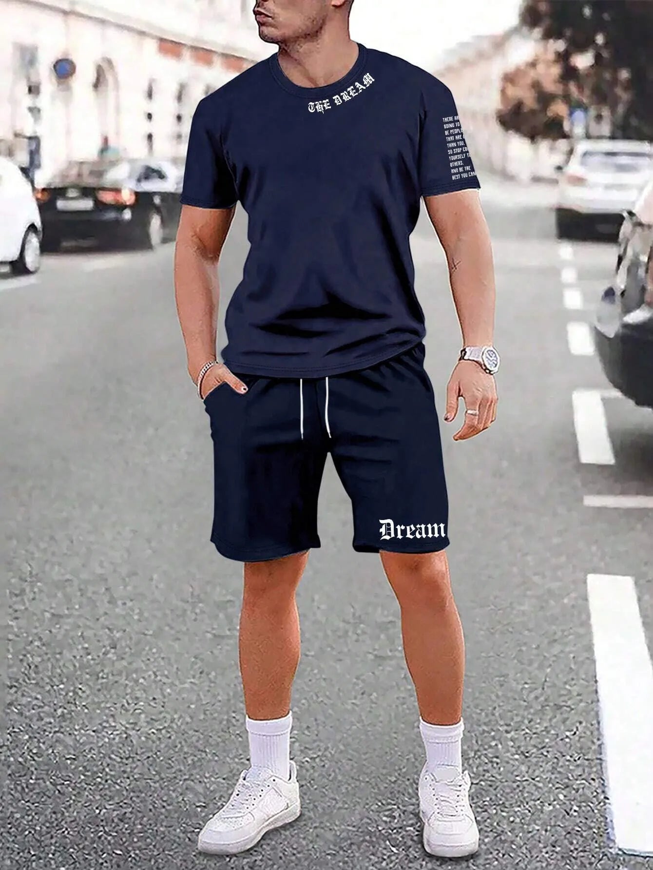 Sports-style short sleeve shirt and matching shorts set in a printed pattern, shown in colour G23P1573.