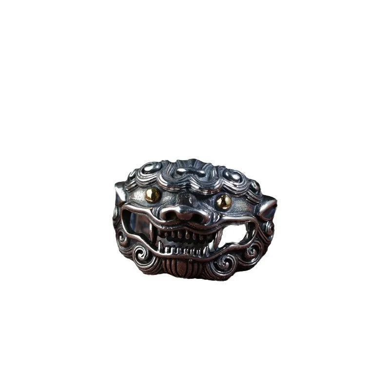 Silver open ring with Jibeast pattern and animal zodiac design in retro style