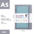 A5 no-date notebook with soft PU cover shown in purple, green, grey, black, pink, and orange, with planning stickers
