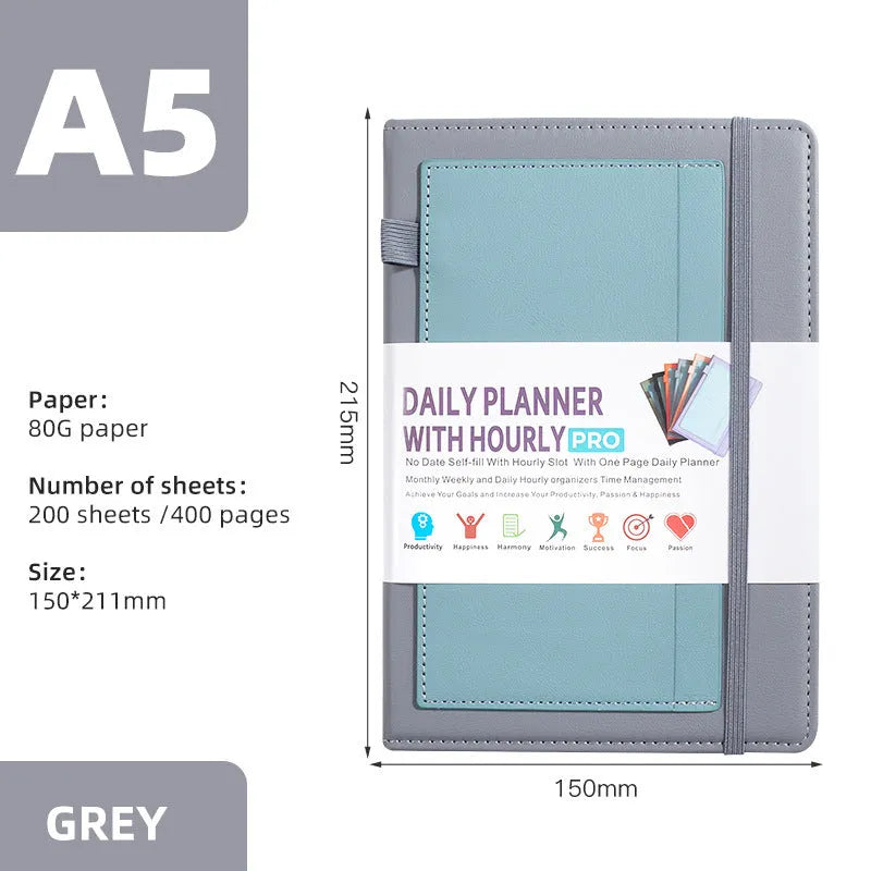 A5 no-date notebook with soft PU cover shown in purple, green, grey, black, pink, and orange, with planning stickers