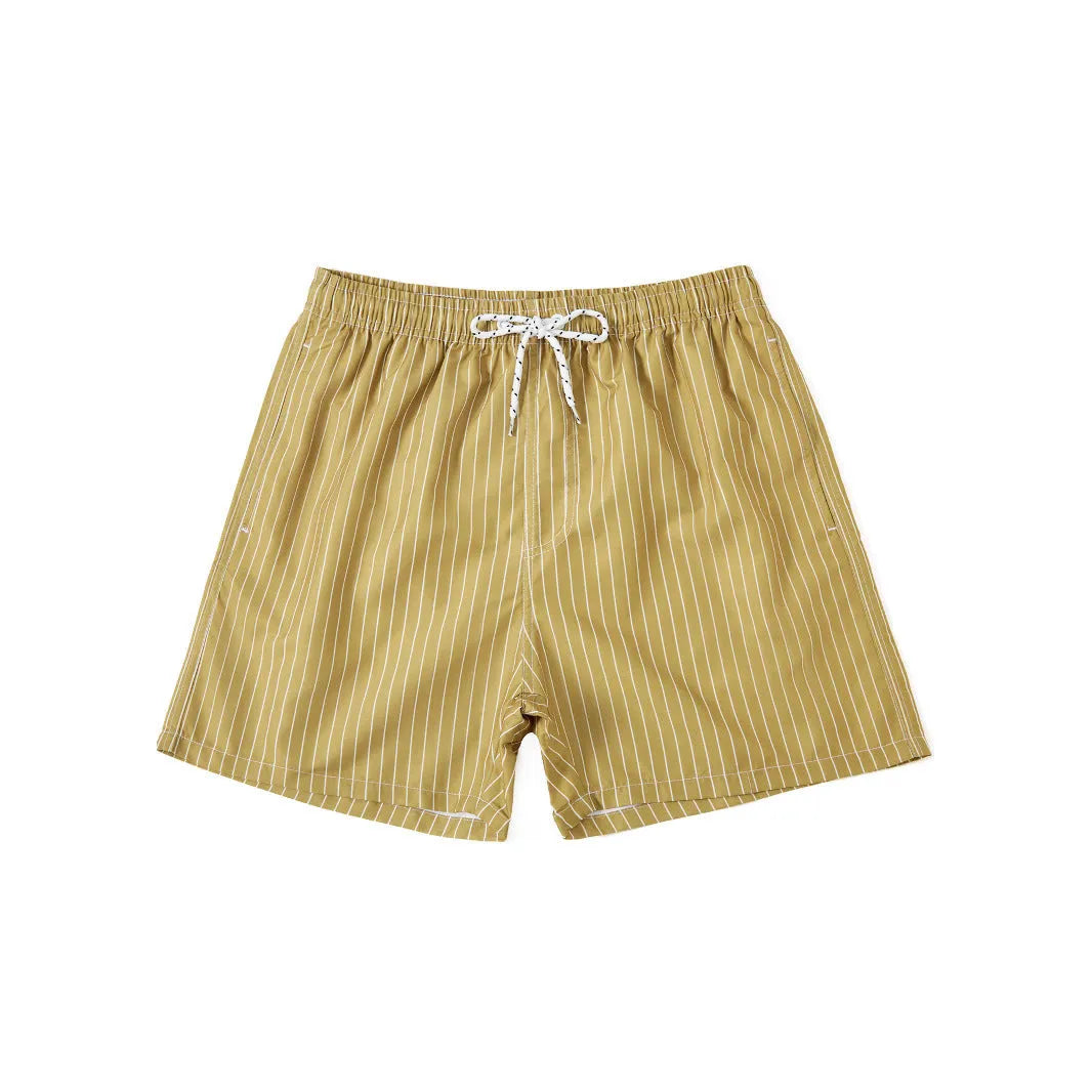 Man wearing grey striped polyester beach shorts with a straight leg opening