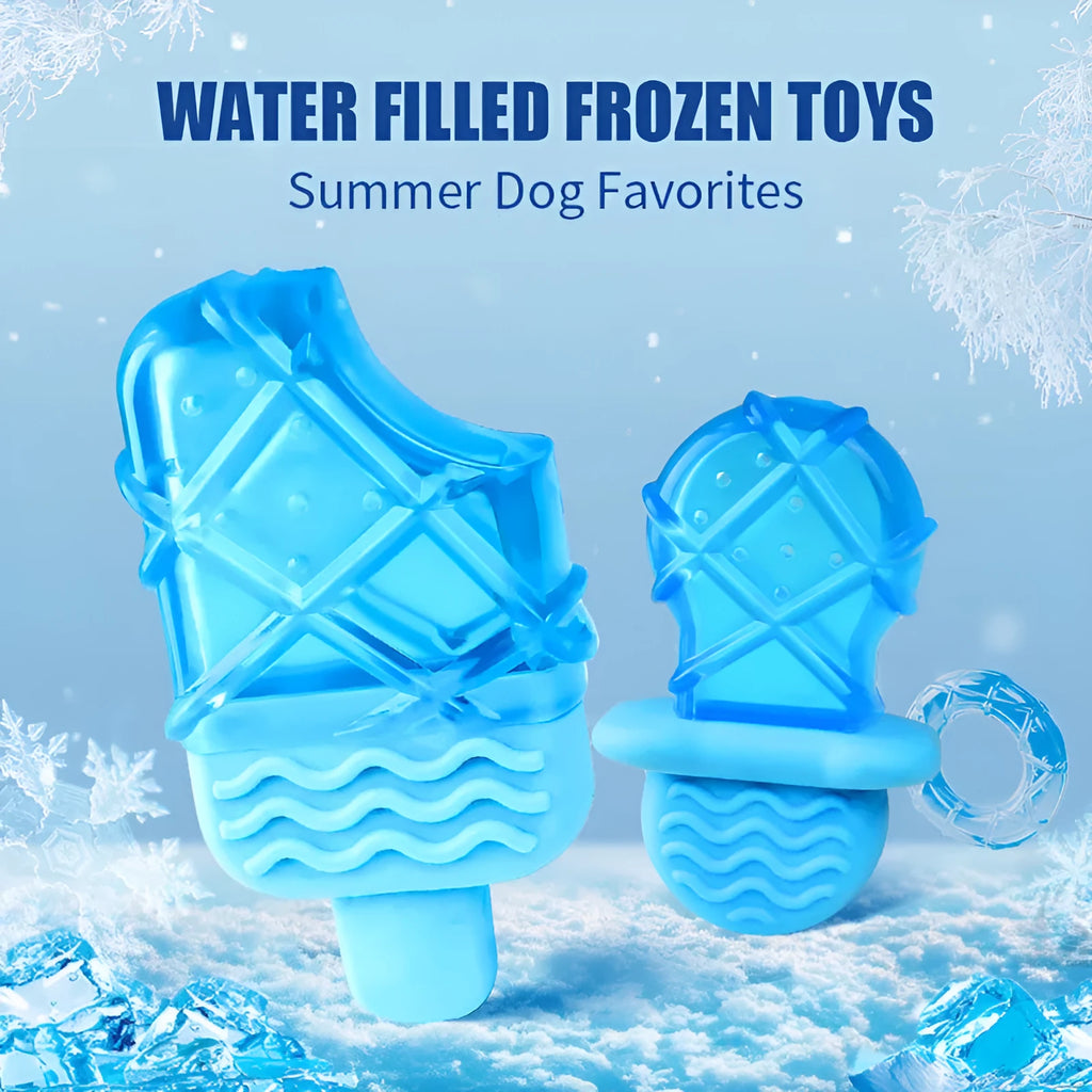 Summer ice dog cooling toy set with water-filled popsicle, pacifier, and ring chew toys