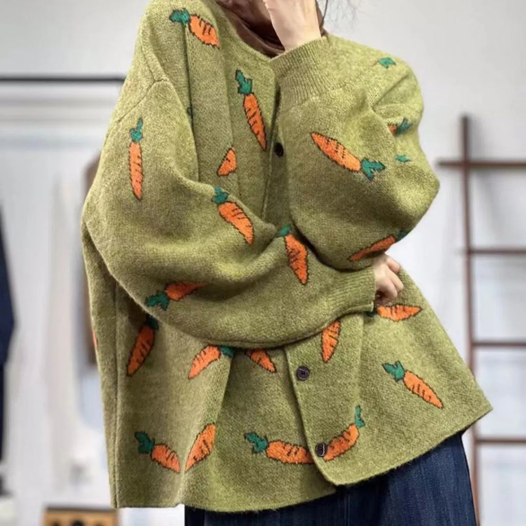 Round neck viscose cardigan with artistic colour contrast printing and loose street fashion fit