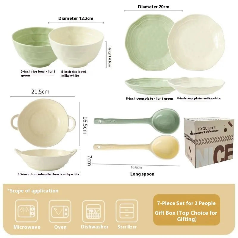 Seven-piece ceramic tableware set in solid colours with modern Japanese style design