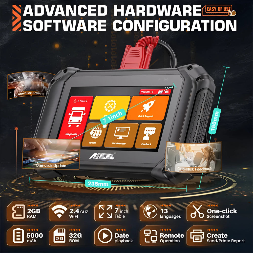 V5HD diesel truck diagnostic tool in black with power plug set including EU UK and US options on a white background