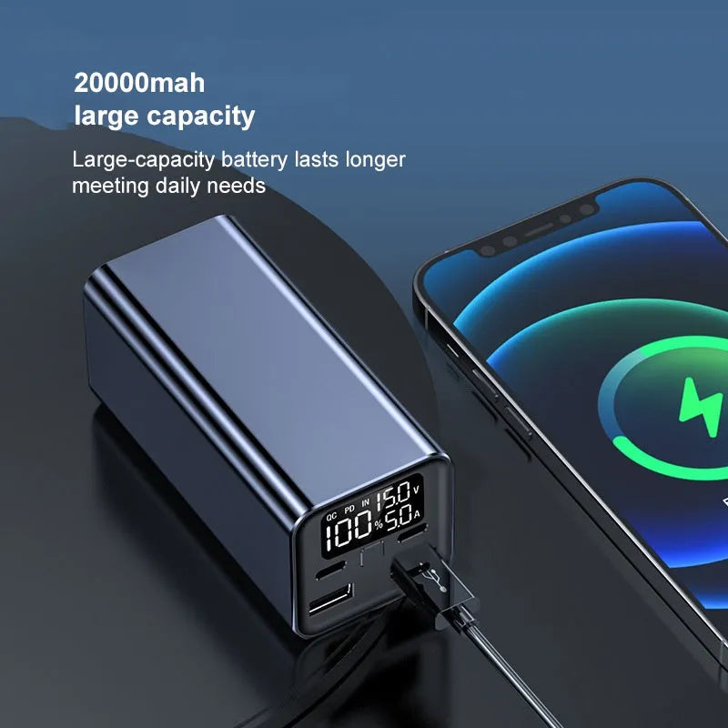 Metal laptop charging bank with 65W output and 20000mAh capacity in black, blue, or grey colours