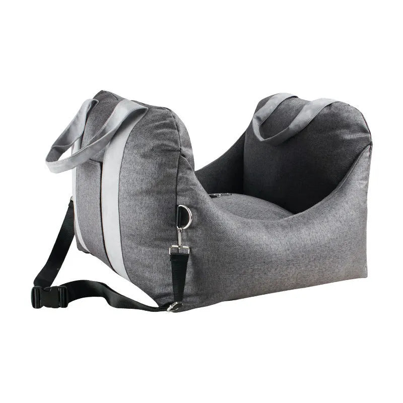 Removable washable cloth pet travel mat in light grey for small dogs and cats under 10kg with adjustable snap buckle