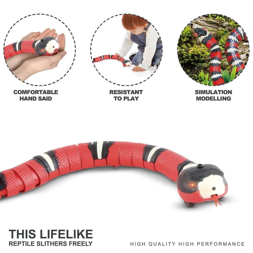 Smart sensing interactive snake cat toy with segmented plastic body and USB charging