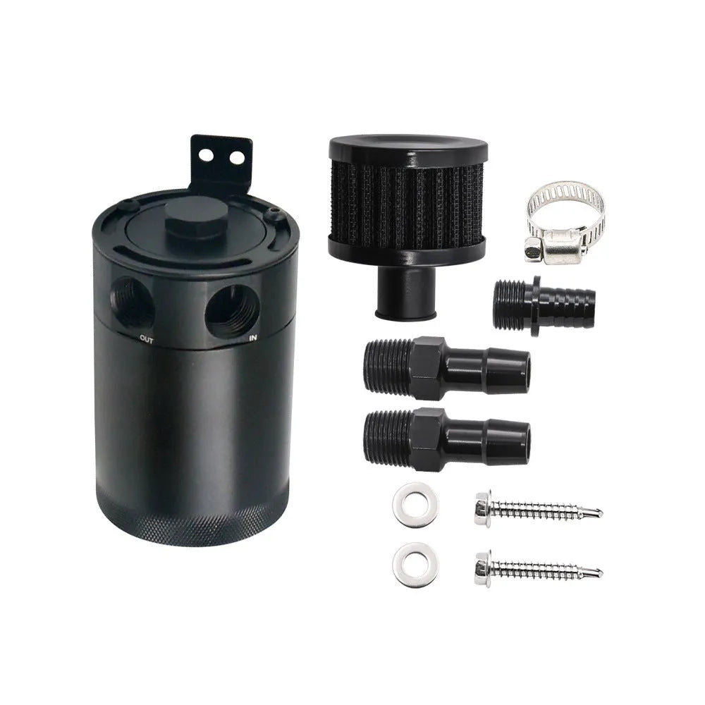 Black aluminium two hole automotive oil can with oil-free valve and connectors.