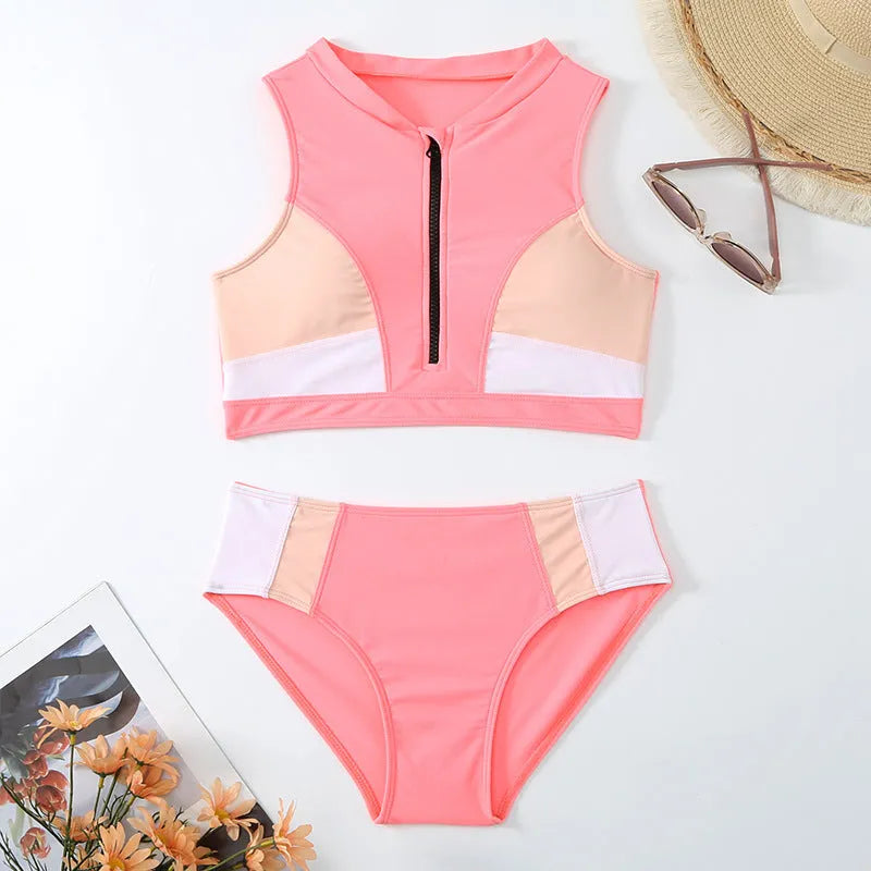 Pink high-waist women's bikini swimsuit with split briefs and mesh lining.