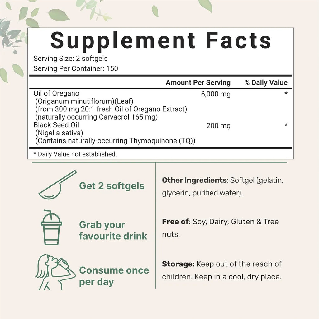 Bottle of butter-flavoured black seed oil soft gel capsules for adults, showing 180 or 300 tablet option.