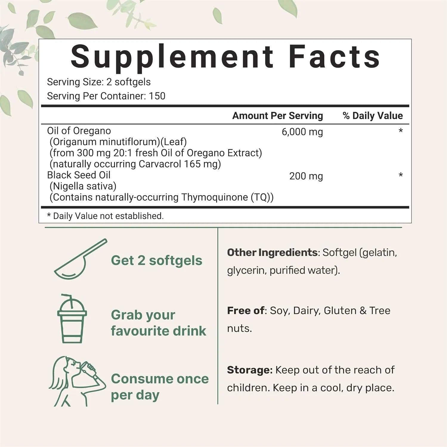 Bottle of butter-flavoured black seed oil soft gel capsules for adults, showing 180 or 300 tablet option.