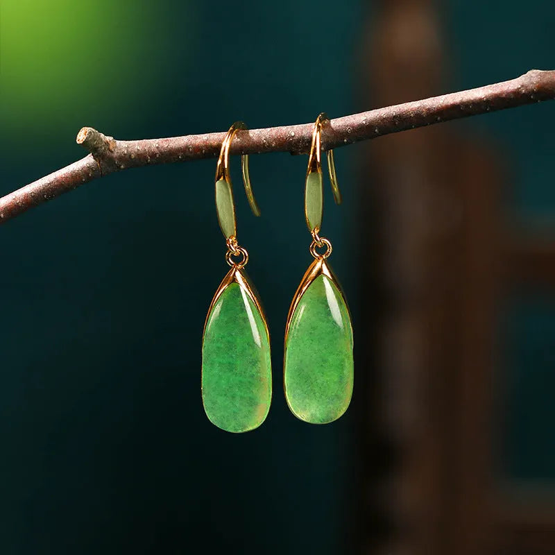 Chinese style geometric earrings with electroplated copper construction and jade CP798 colour