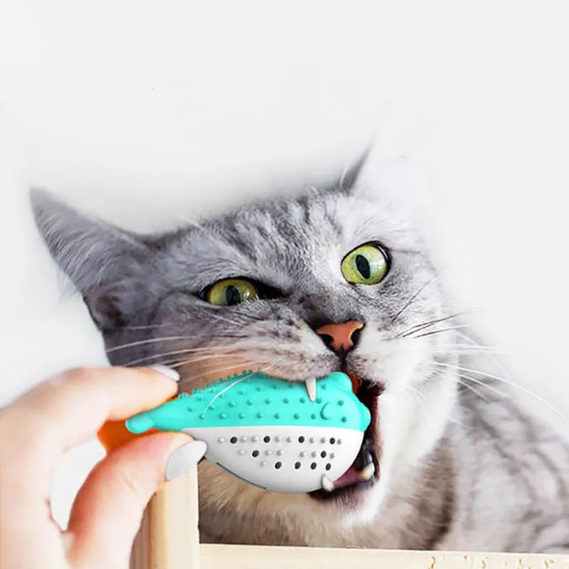 Blue silicone fish-shaped chew toy for cats on a white background.