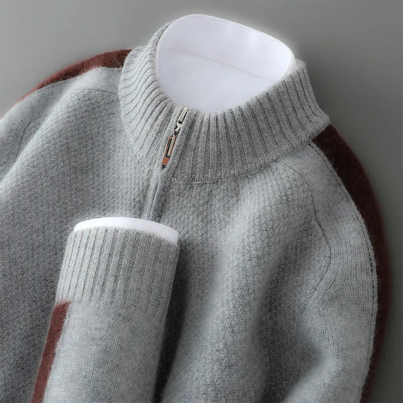 Slim fit sheep wool knitted sweater with half zip and round neck in camel colour