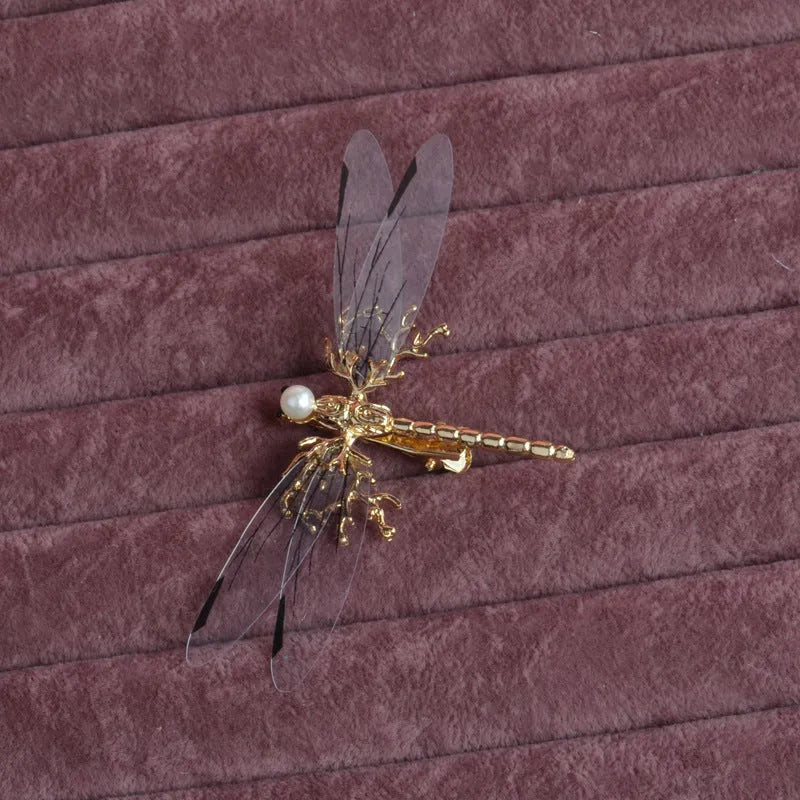 Golden dragonfly-shaped side clip headdress for women's hair with electroplated alloy construction