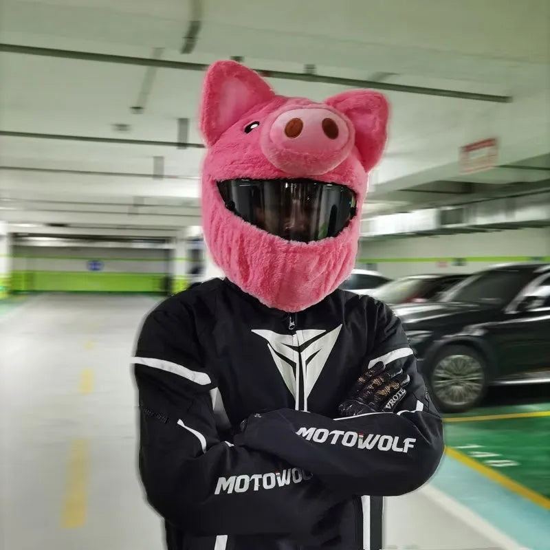 Pink pig cartoon plush motorcycle helmet protective hood made from soft pv velvet cloth
