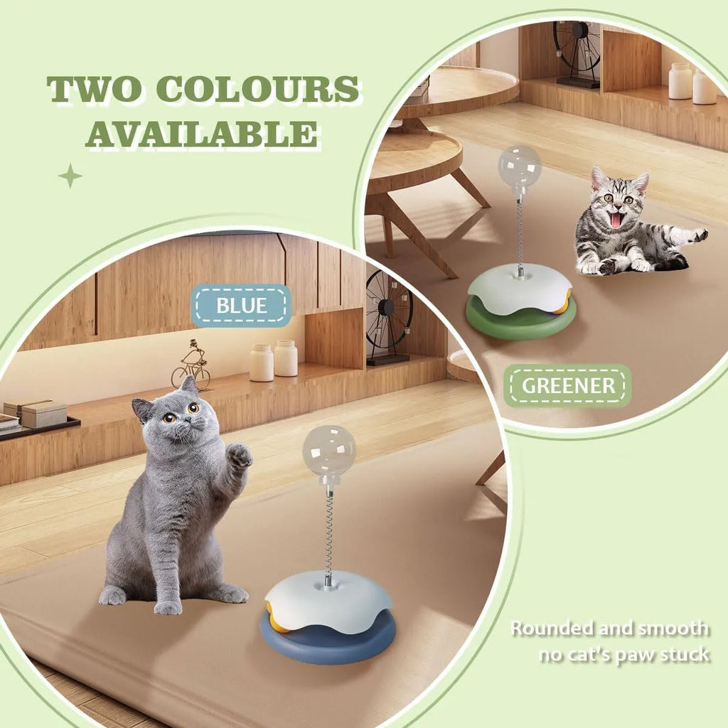 Blue and green interactive cat treat dispenser toy with track ball slow feeder design