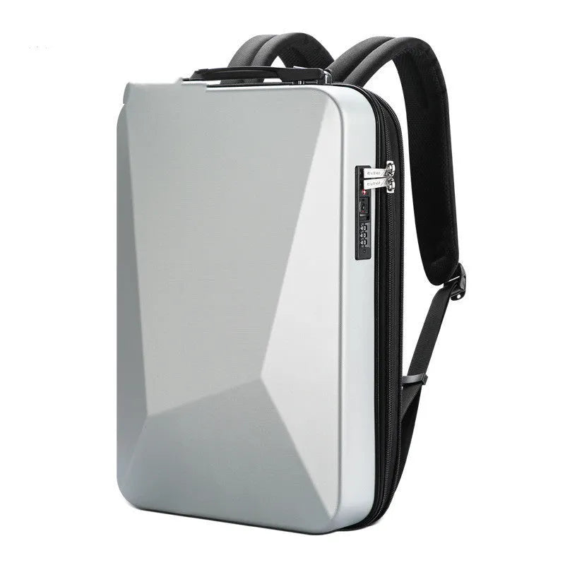 Large PC hard shell gaming backpack in titanium gold silver colour with double shoulder straps and organisational pockets