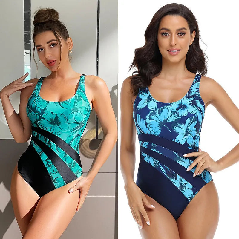 Blue conservative one-piece swimsuit with printed pattern for women on a mannequin.