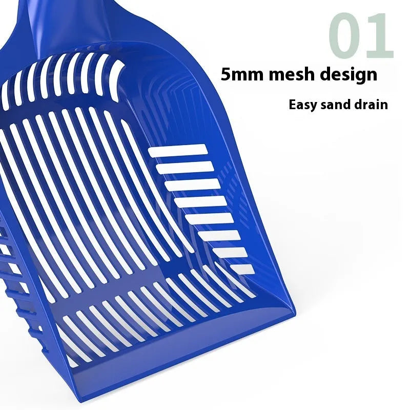 Blue, red, or yellow plastic cat litter scoop shown in small and medium size options.