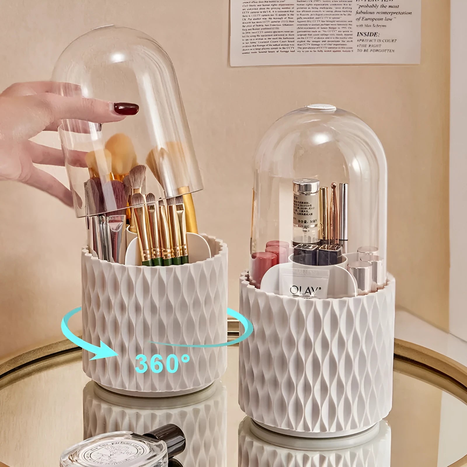 White rotating transparent acrylic makeup brush storage organiser with dustproof lid
