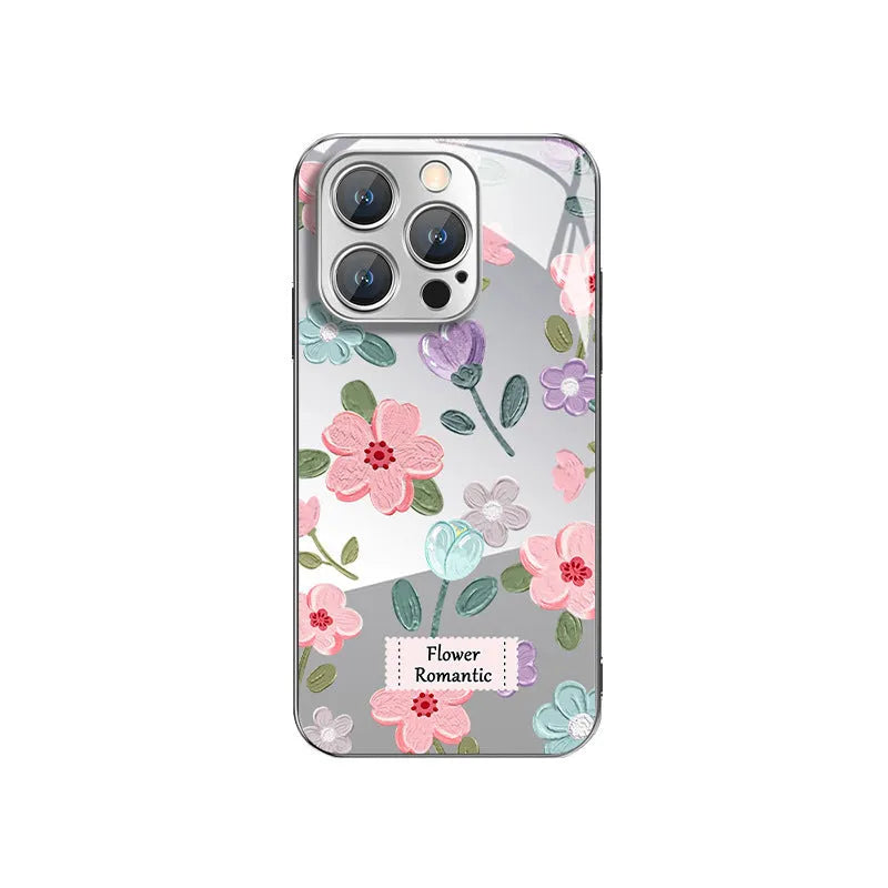 Silver grey electroplated mirror phone case with oil painting flower print on a glass back