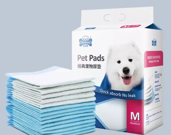Pack of adhesive-backed dog urine pads showing size comparison between S, M, L and XL options