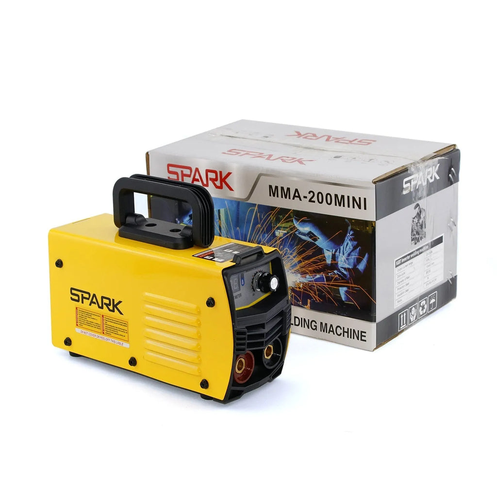 MMA-200MIN household DC welding machine with welding tongs, grounding clamp, face shield, and brush hanger accessories